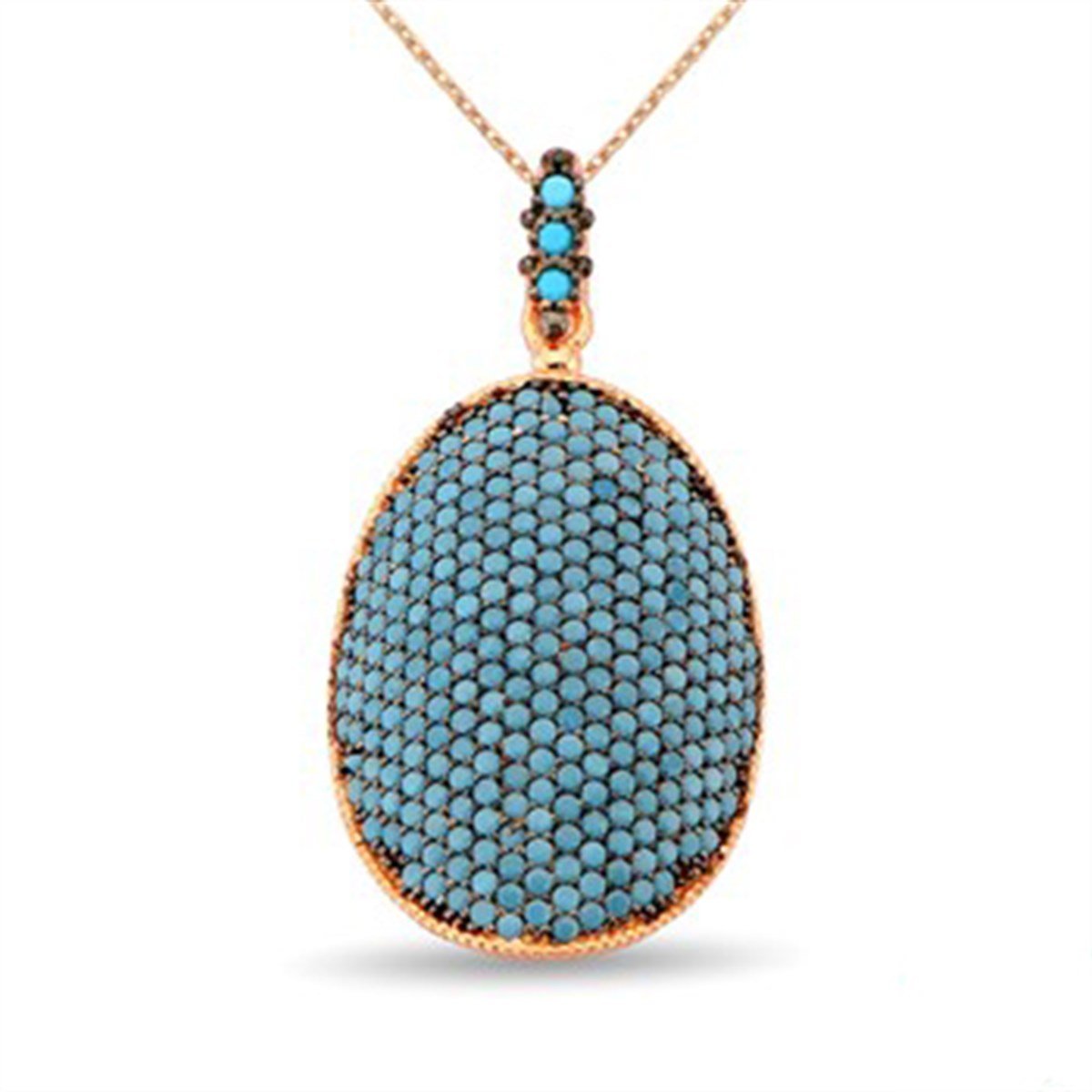 Firuze Turkuaz Taşlı 925 Ayar Gümüş Roz Kaplama Oval Bayan Kolye