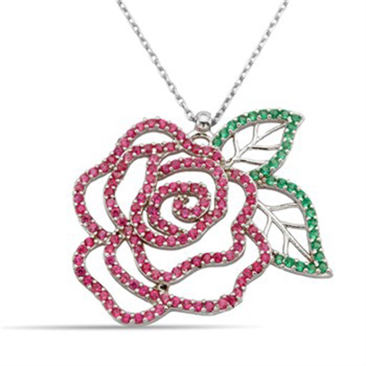Gül Zümrüt Yeşili Ruby Taşlı 925 Ayar Gümüş Bayan Kolyesi