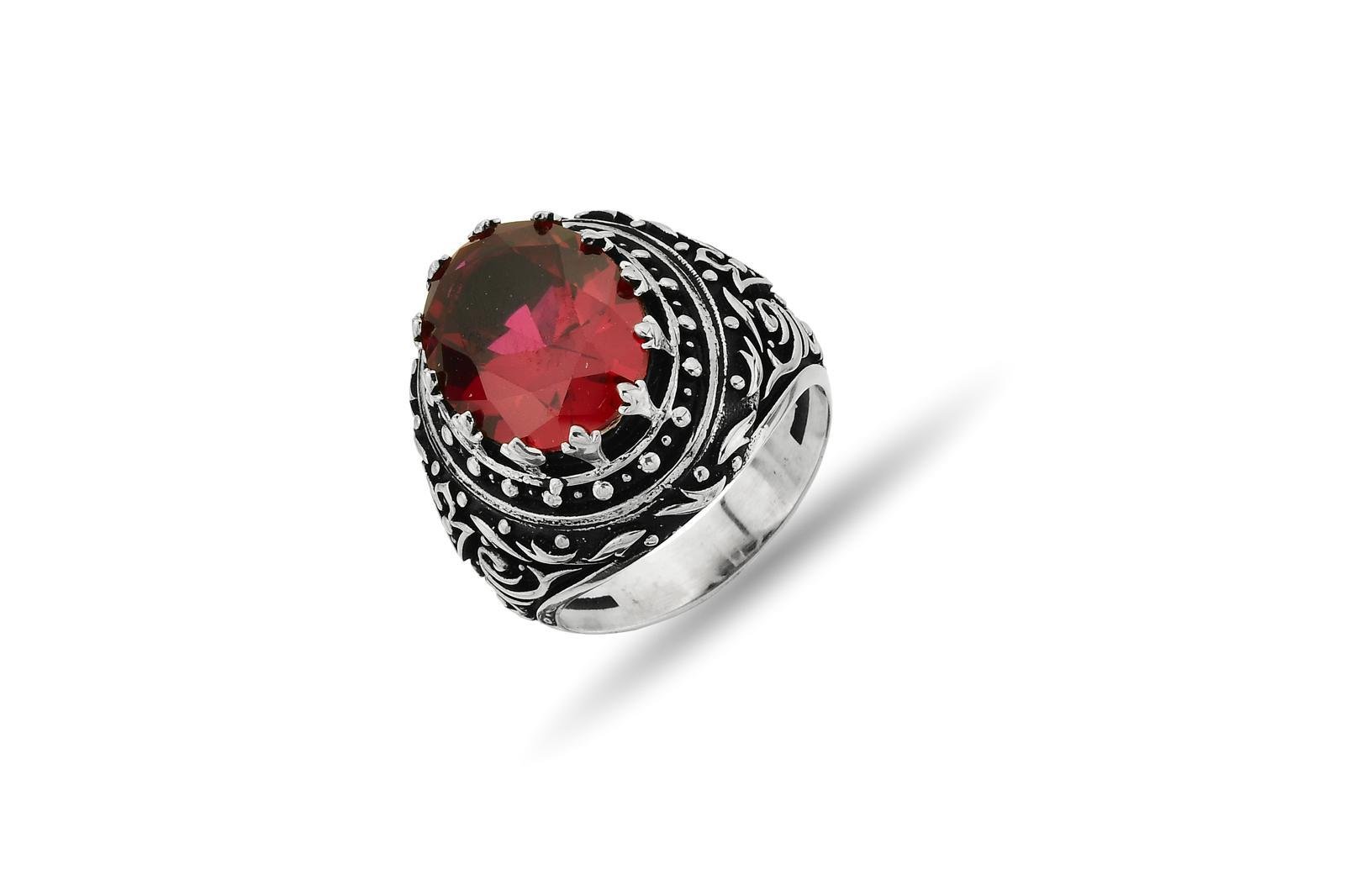 Kabartma desen işlemeli 12×16 oval ruby kırmızı taşlı gümüş erkek yüzük