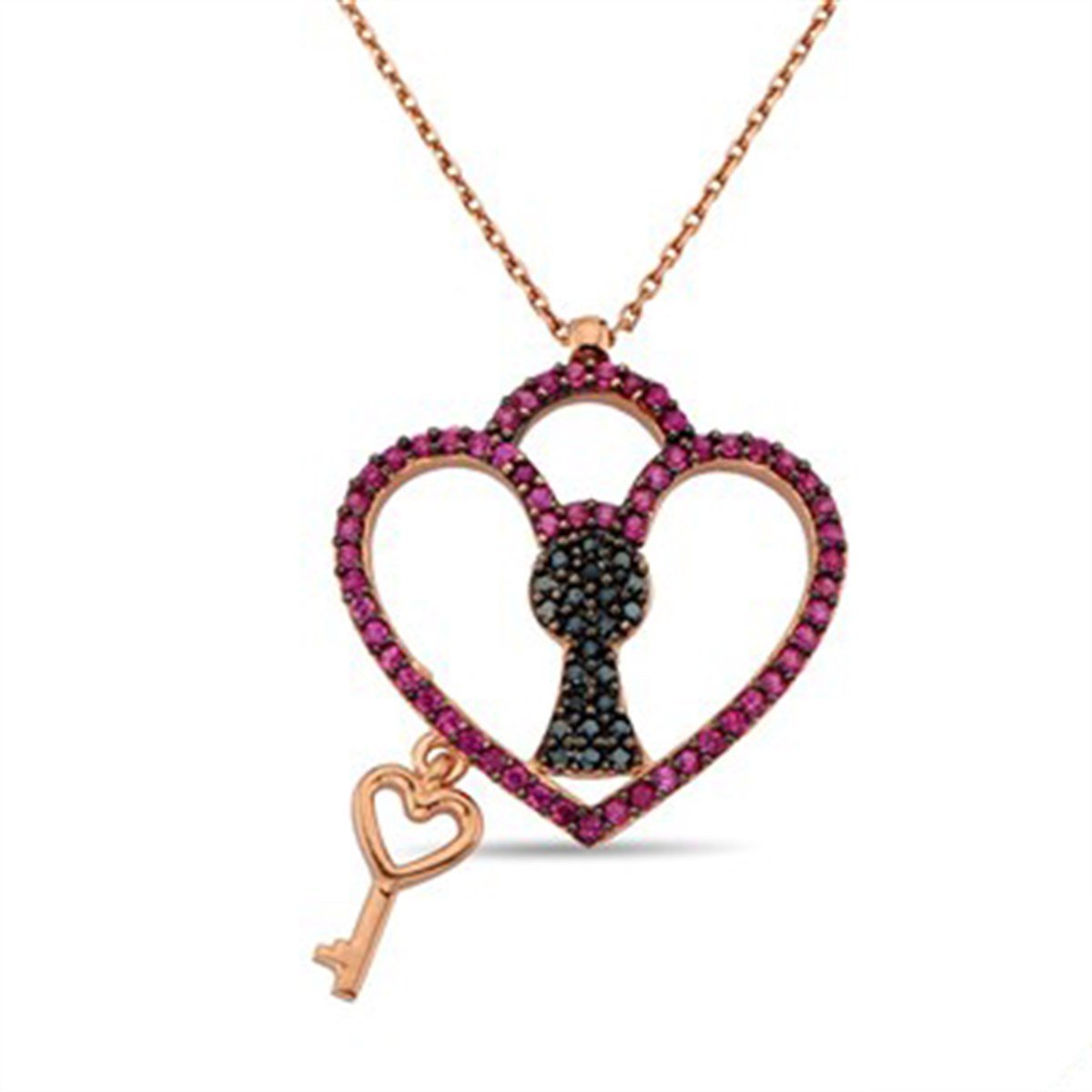 Kalp Anahtarı Roz Kaplama 925 Ayar Gümüş Bayan Kolyesi