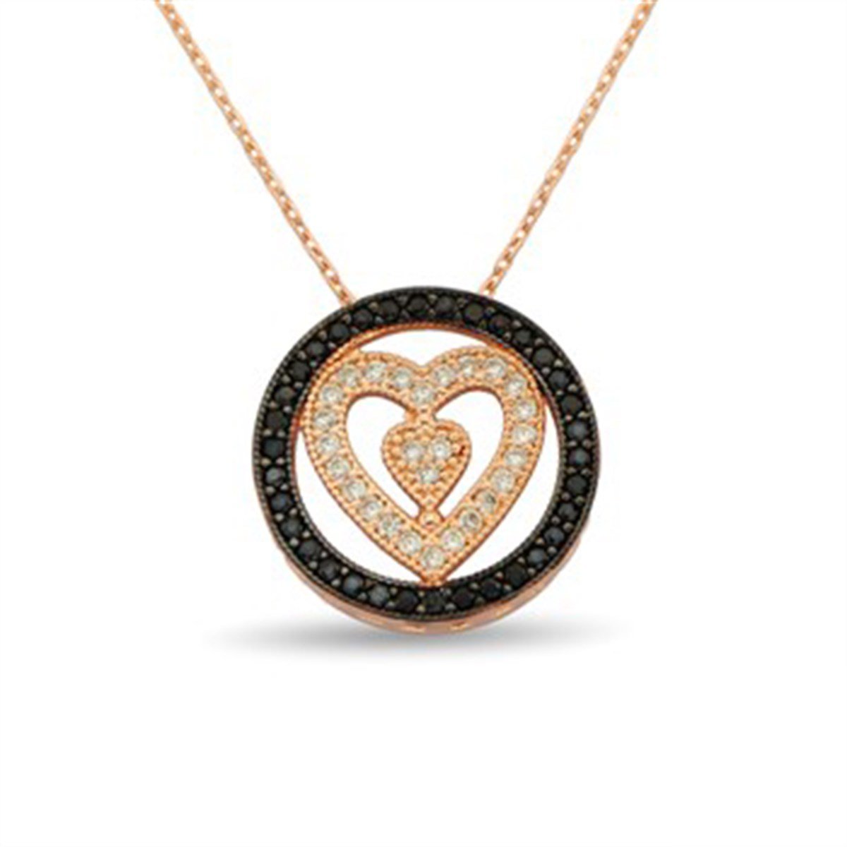 Kalp Onxy Zirkon Taşlı Roz Kaplamalı 925 Ayar Gümüş Bayan Kolye