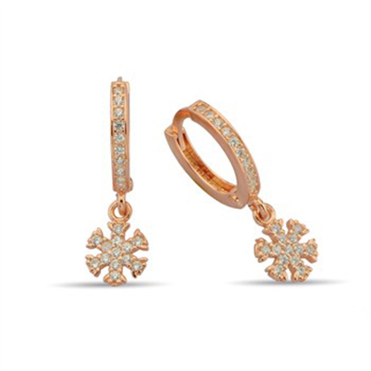 Kar Tanesi Zirkon Taşlı Roz Kaplamalı Gümüş Halka Klipsli Küpe