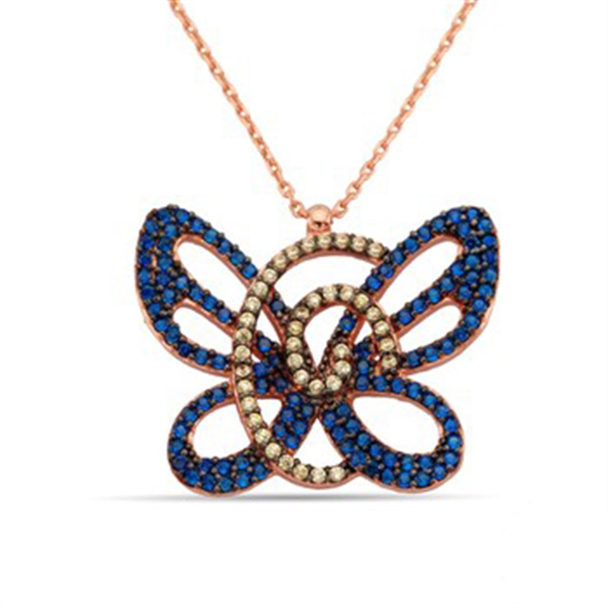 Kelebek Safir Taşlı Roz Kaplamalı Gümüş Bayan Kolyesi