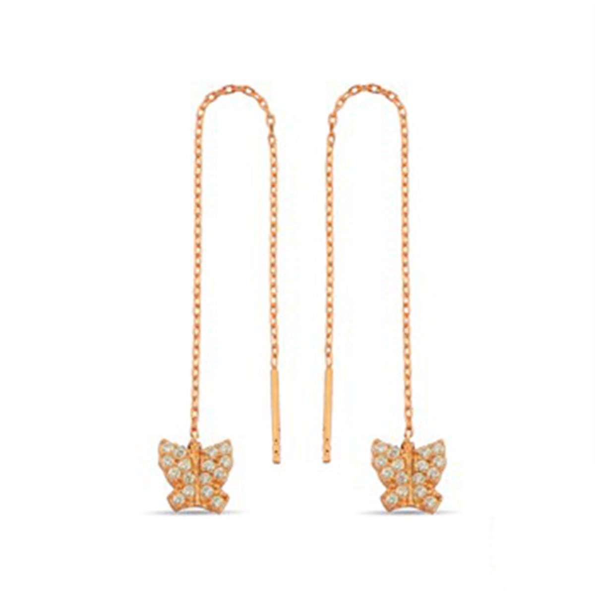 Kelebek Zirkon Taşlı Roz Kaplamalı Gümüş Zincirli Küpe