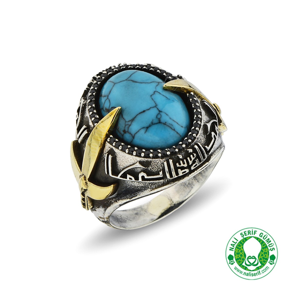 Kılınç Tuğra Kol İşlemeli Kûfi Kelime-i Tevhid Kabartma Yazılı Firuze TurkuazTaşlı 925 Ayar Gümüş Erkek Yüzük