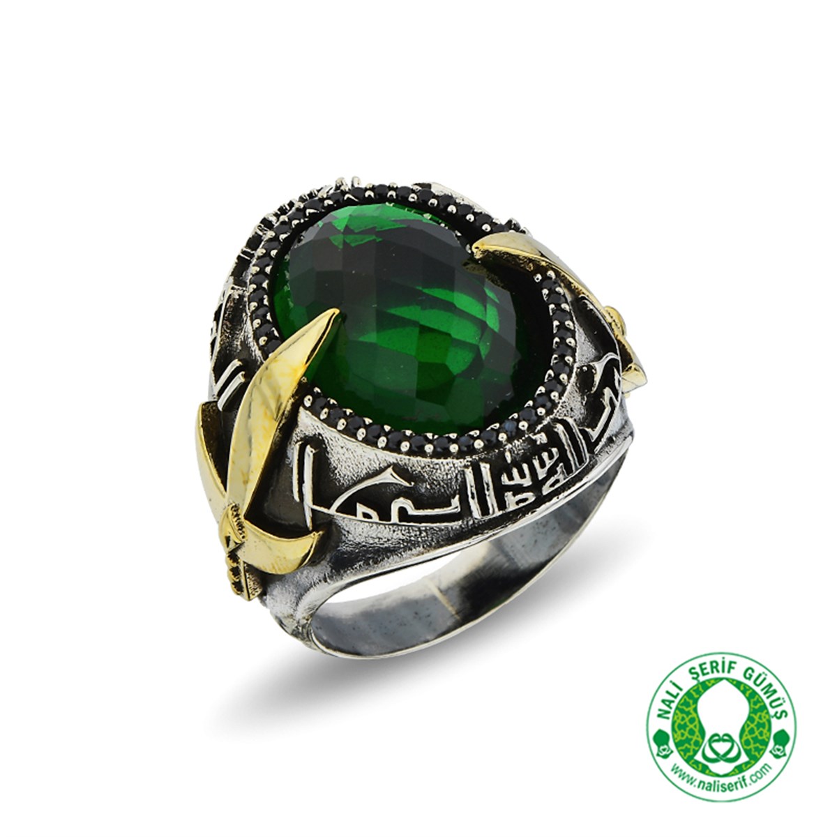 Kılınç Tuğra Kol İşlemeli Kûfi Kelime-i Tevhid Kabartma Yazılı Siyah Kristal Kesim Taşlı 925 Ayar Gümüş Erkek Yüzük