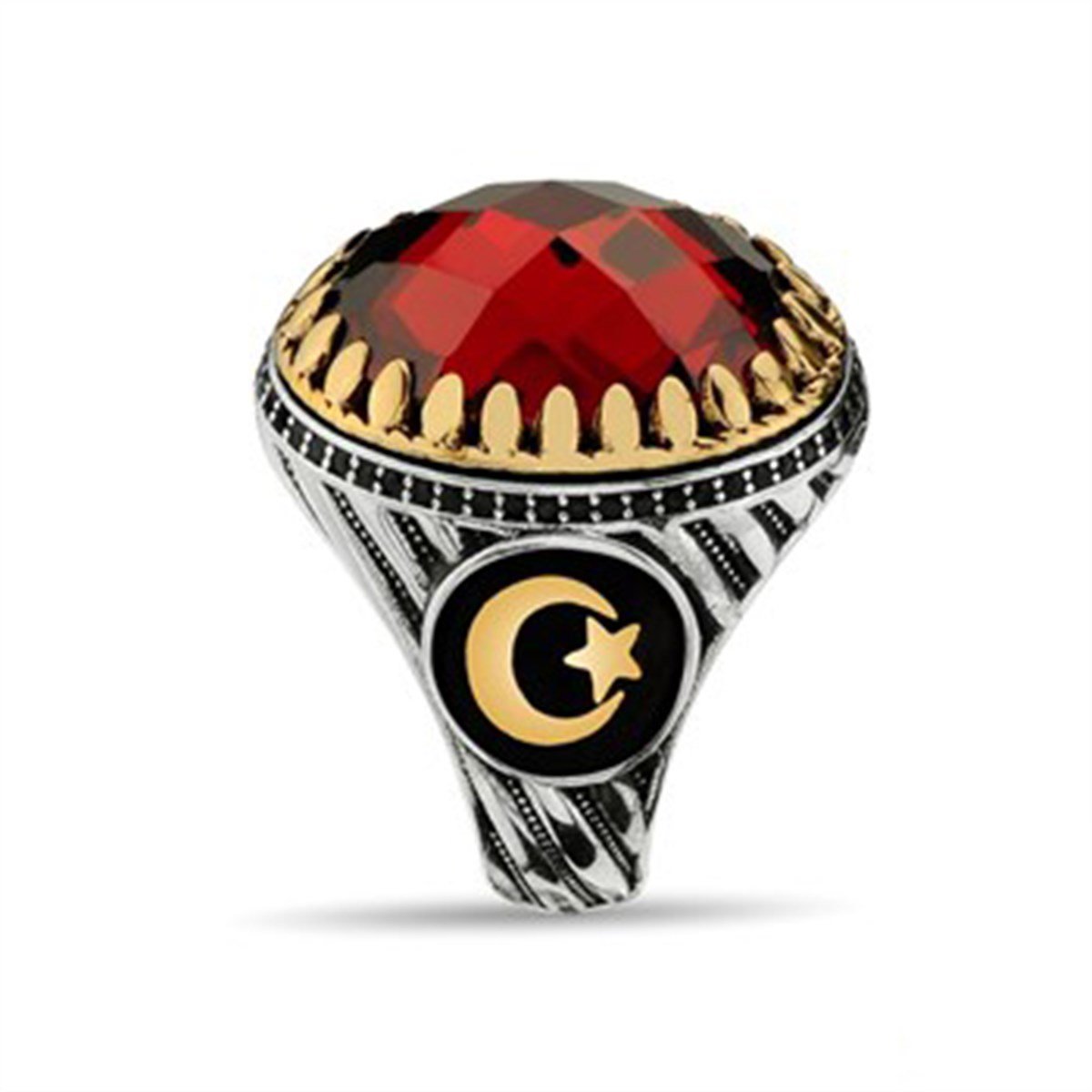 Kırmızı Kristal Kesimli 925 Ayar Gümüş Erkek Yüzük