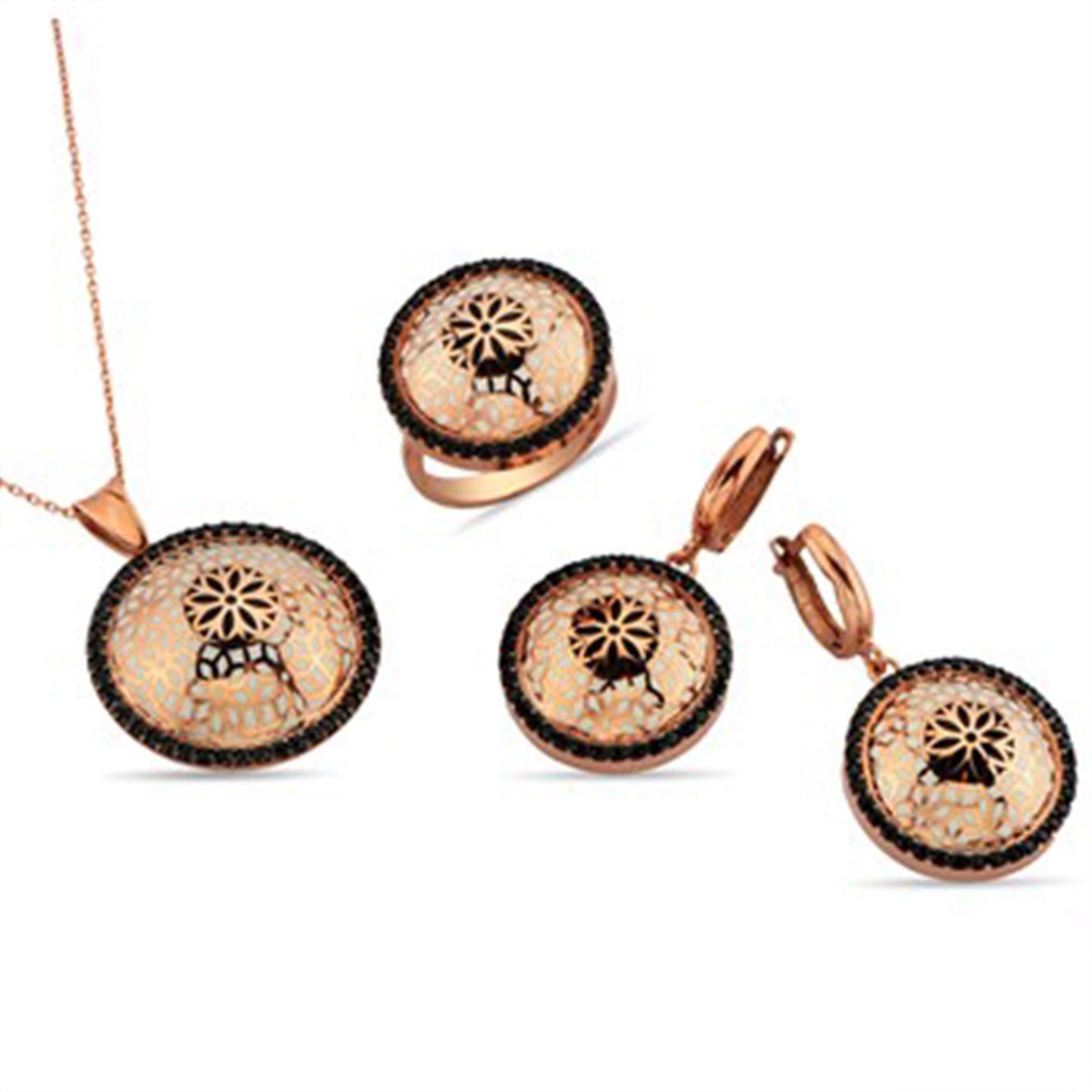 Koyun Gözü Onxy Taşlı Roz Kaplama Gümüş Bayan Takı Seti