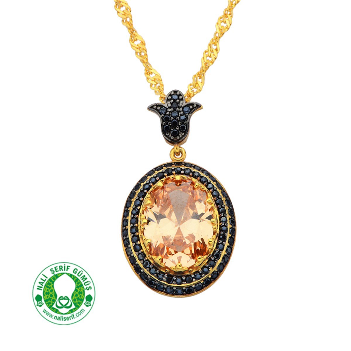 Lale Zincir Sallantılı Onixs Siyah Kenar Taşlı 12.16 Morganit Oval Taşlı Gümüş Altın Kaplamalı Bayan Kolye