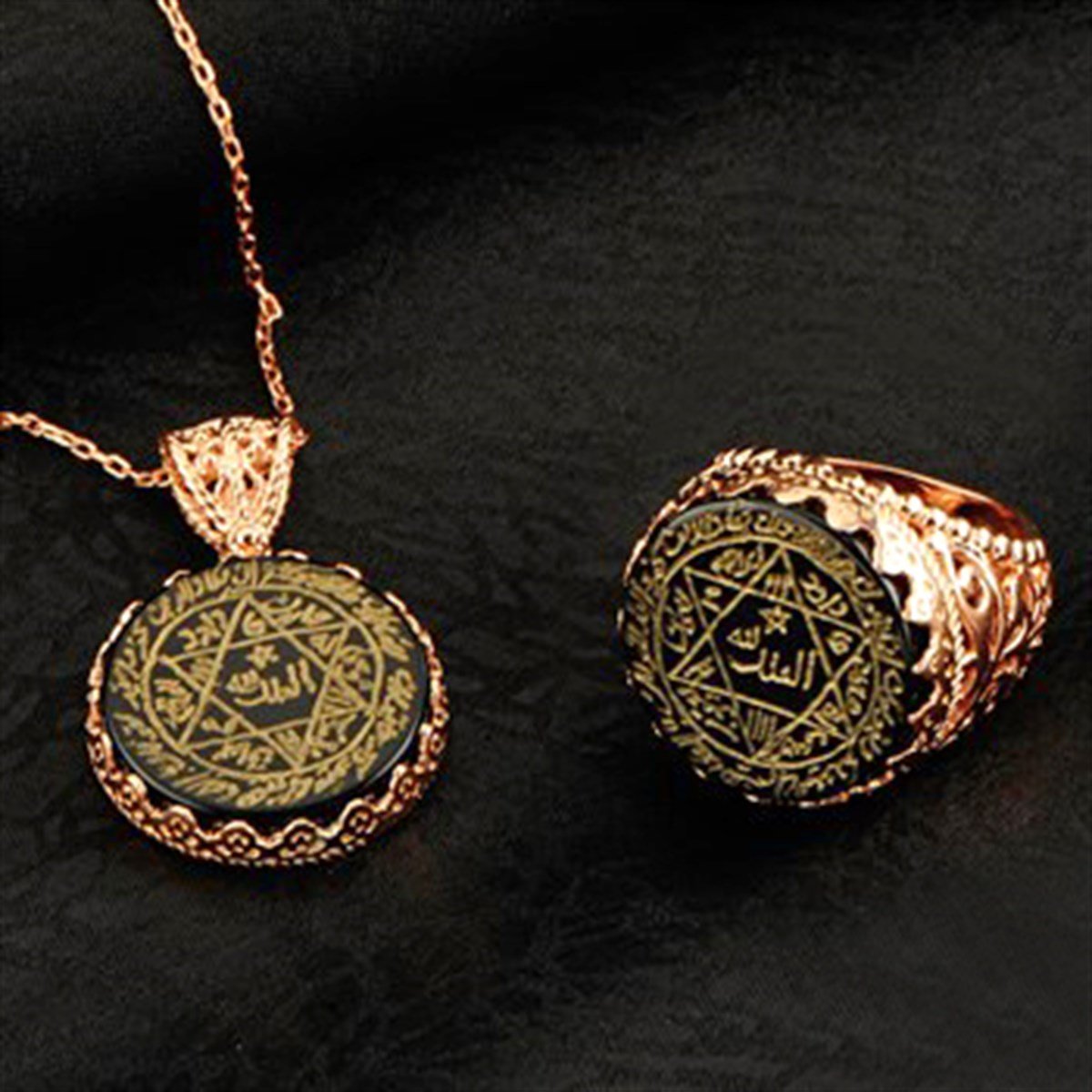 Mührü Süleyman El Yazması Akik Taşlı Nazar Dualı Roz Kaplamalı Gümüş Bayan Kombini