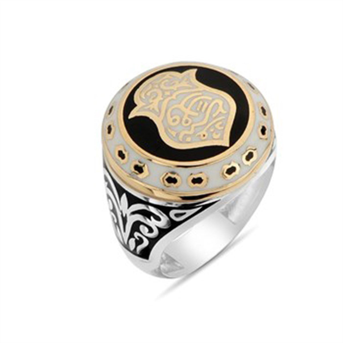 Nali Şerif Kademi Şerif Siyah Beyaz Mineli Gümüş Erkek Yüzüğü
