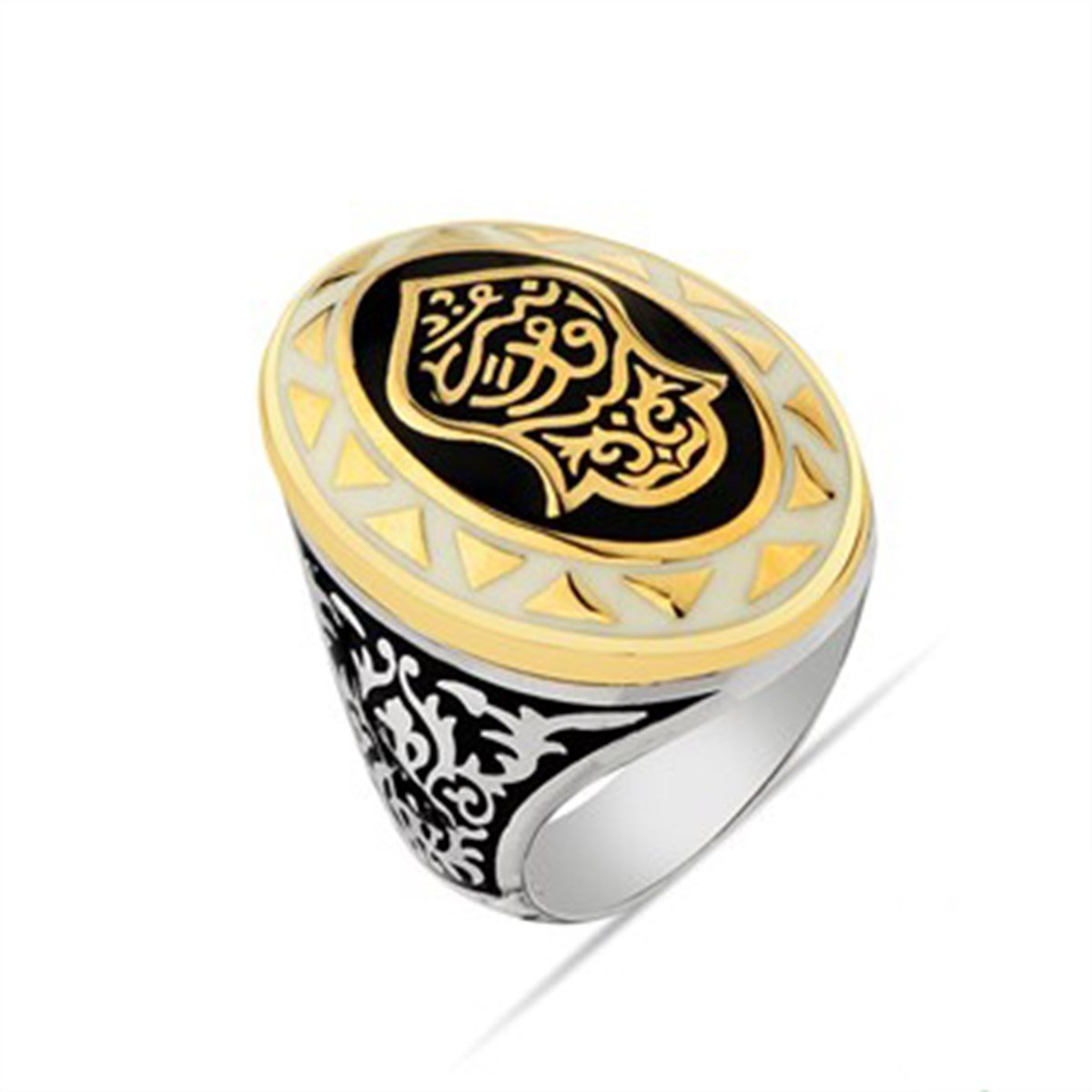 Nali Şerif Kademi Şerif Siyah Beyaz Mineli Gümüş Erkek Yüzüğü