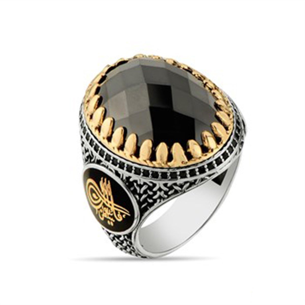 Onxy Siyah Taşlı Kristal Kesimli 925 Ayar Gümüş Erkek Yüzük