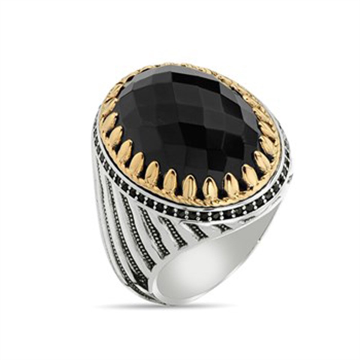 Onxy Zirkon Taşlı Kristal Kesimli 925 Ayar Gümüş Erkek Yüzük