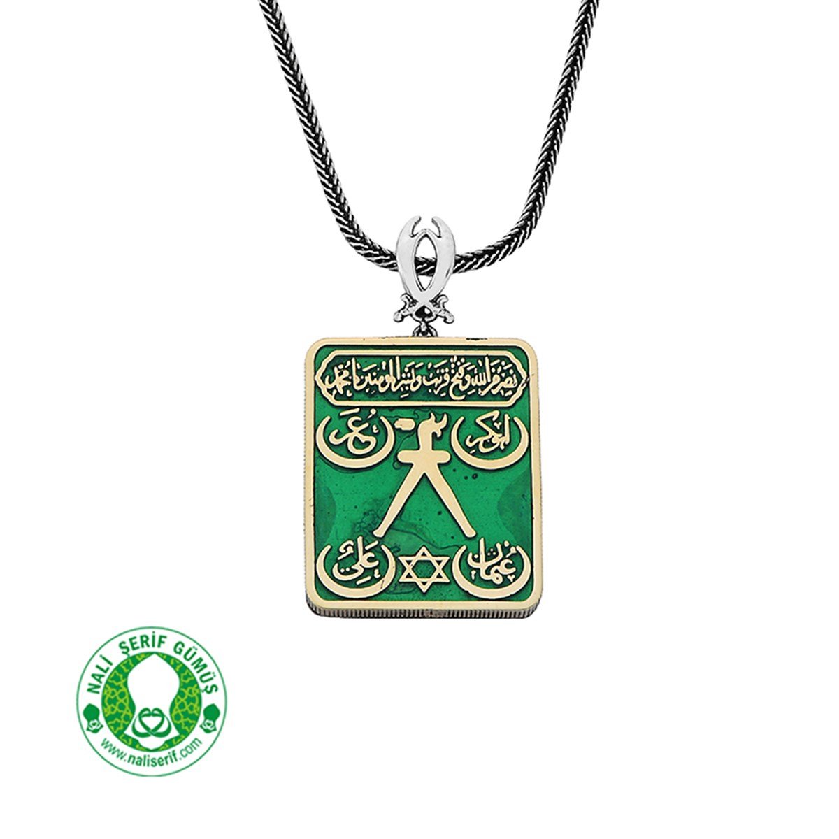 Örgü Zincirli Zülfikar Kılınç Sallantılı Yeşil Mineli Barbaros Hayrettin Paşa Sancağı Erkek Gümüş Kolye