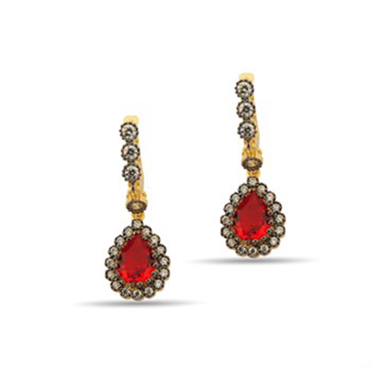 Osmanlı Motifli Altın Kaplamalı Gümüş Elmas Görünüşlü Kırmızı Zirkon Taşlı Damla Küpe