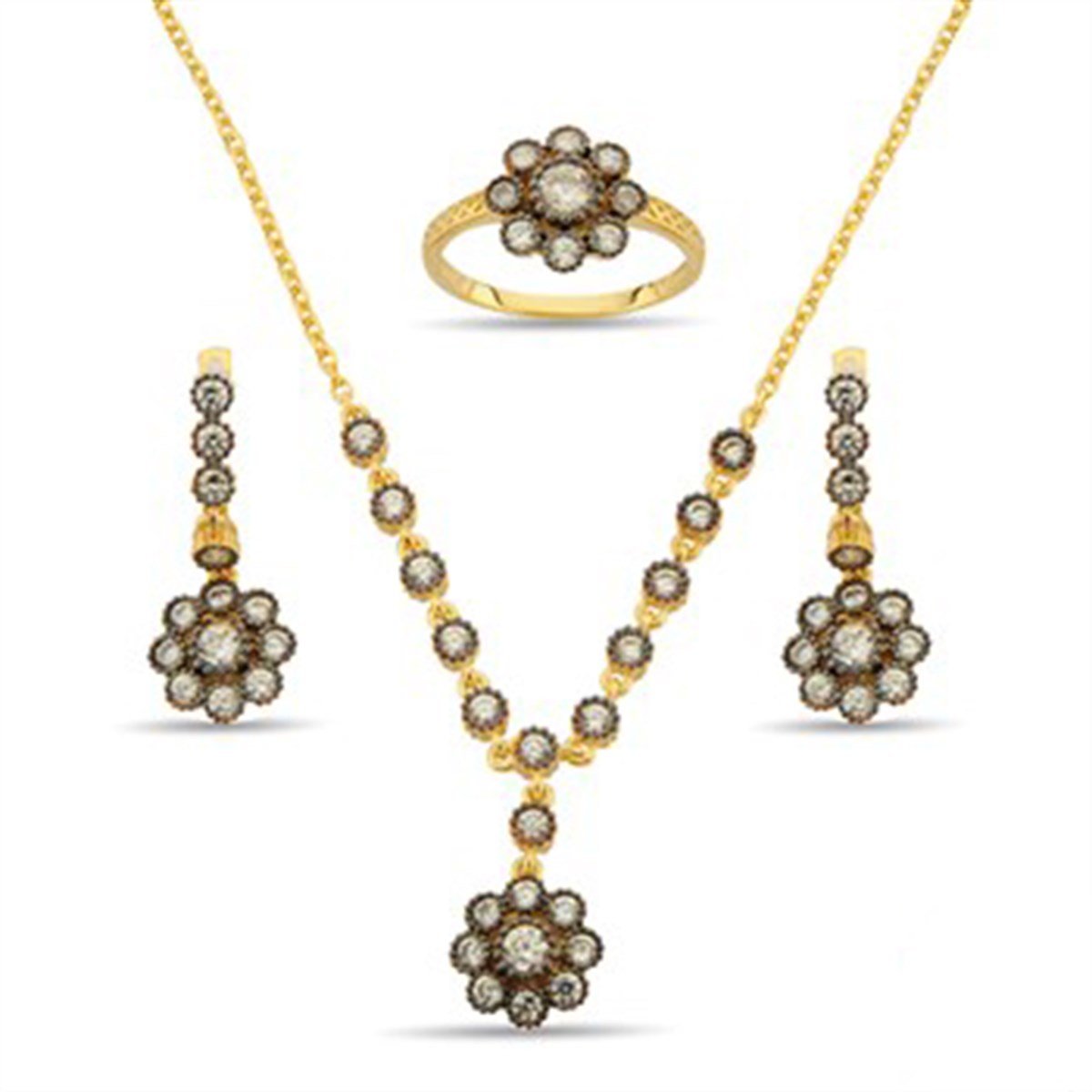 Osmanlı Motifli Altın Kaplamalı Gümüş Elmas Görünüşlü Zirkon Taşlı Papatya Seti