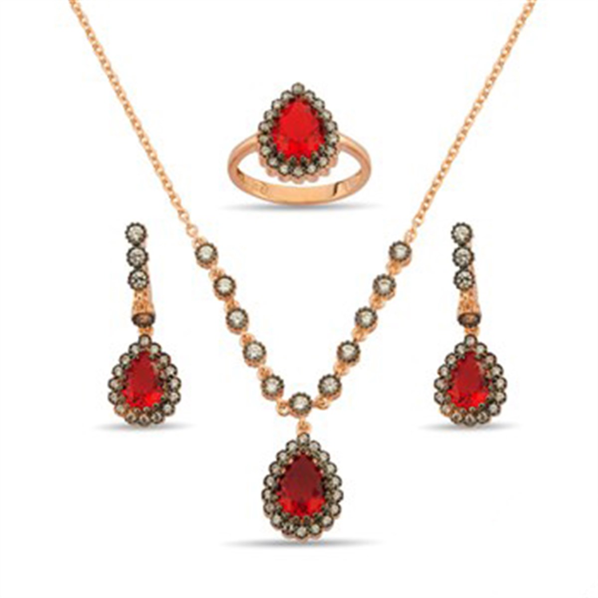 Osmanlı Motifli Roz Kaplamalı Gümüş Elmas Görünüşlü Kırmızı Zirkon Taşlı Damla Seti