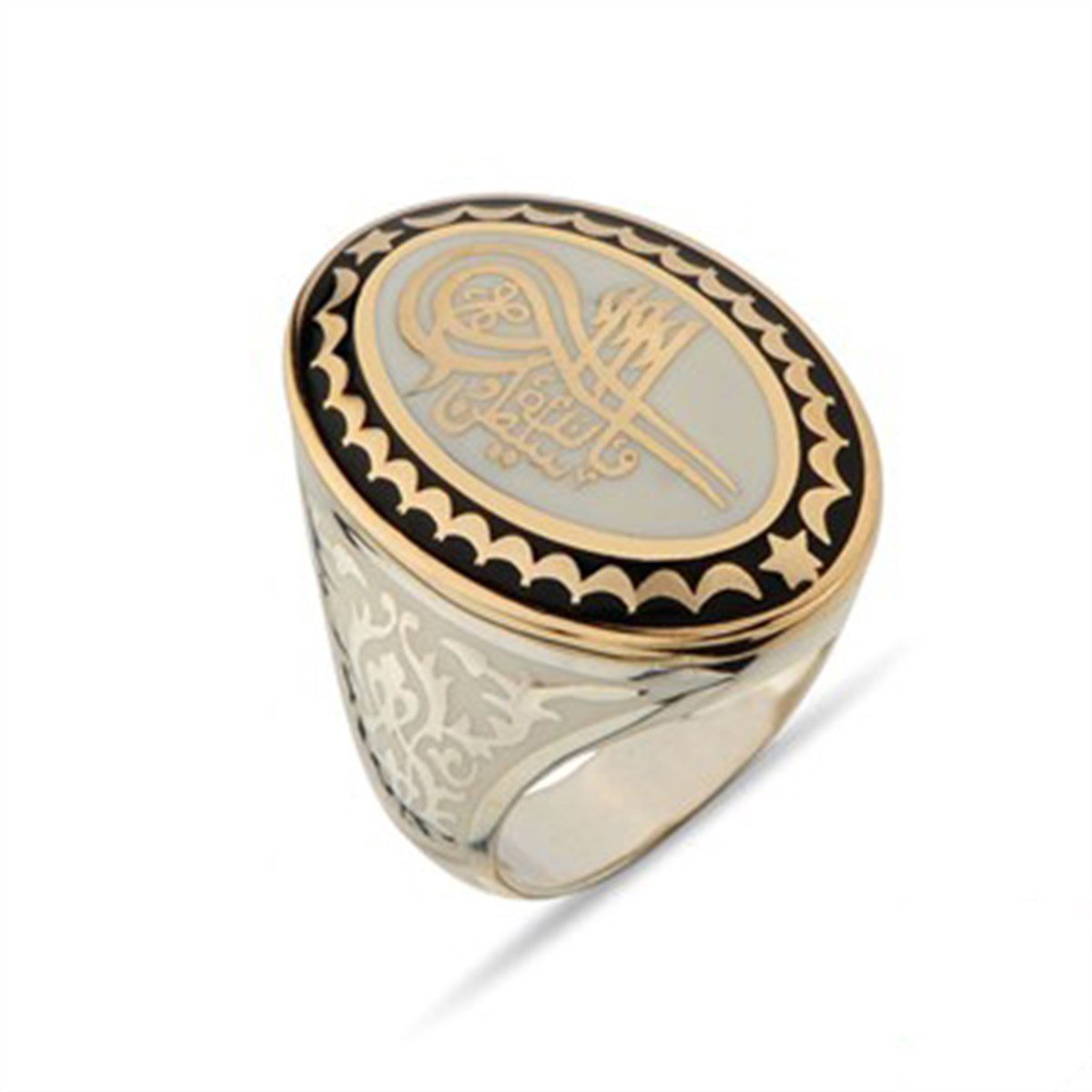 Osmanlı Tuğralı Siyah Beyaz Mineli Gümüş Erkek Yüzüğü