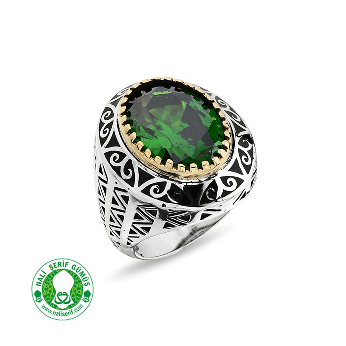 Oval Kasalı Yesil Taşlı Papa 925 Ayar Gümüş Erkek Yüzük