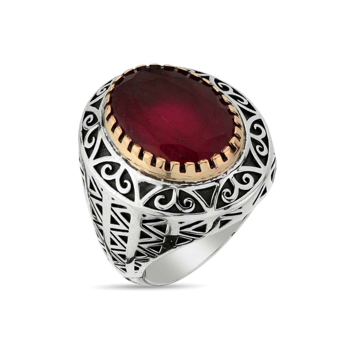 Oval Kök Yakut Taşlı 925 Ayar Gümüş Erkek Yüzük