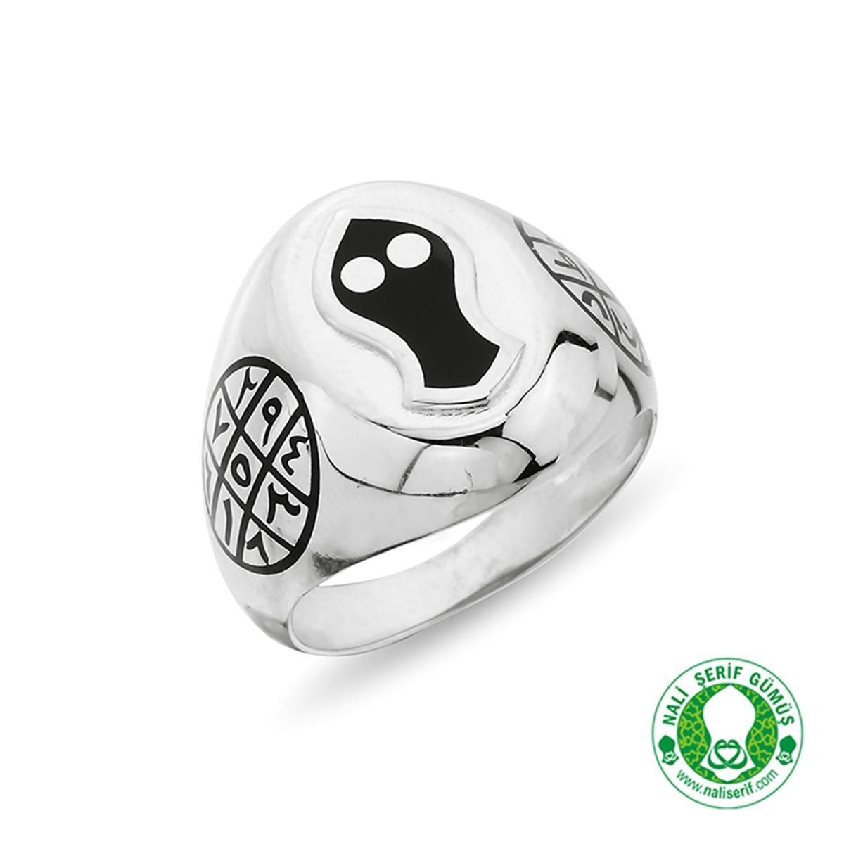 Oval Siyah Mineli Ebced Rakamlı Nali Şerif 925 Ayar Gümüş Erkek Yüzük