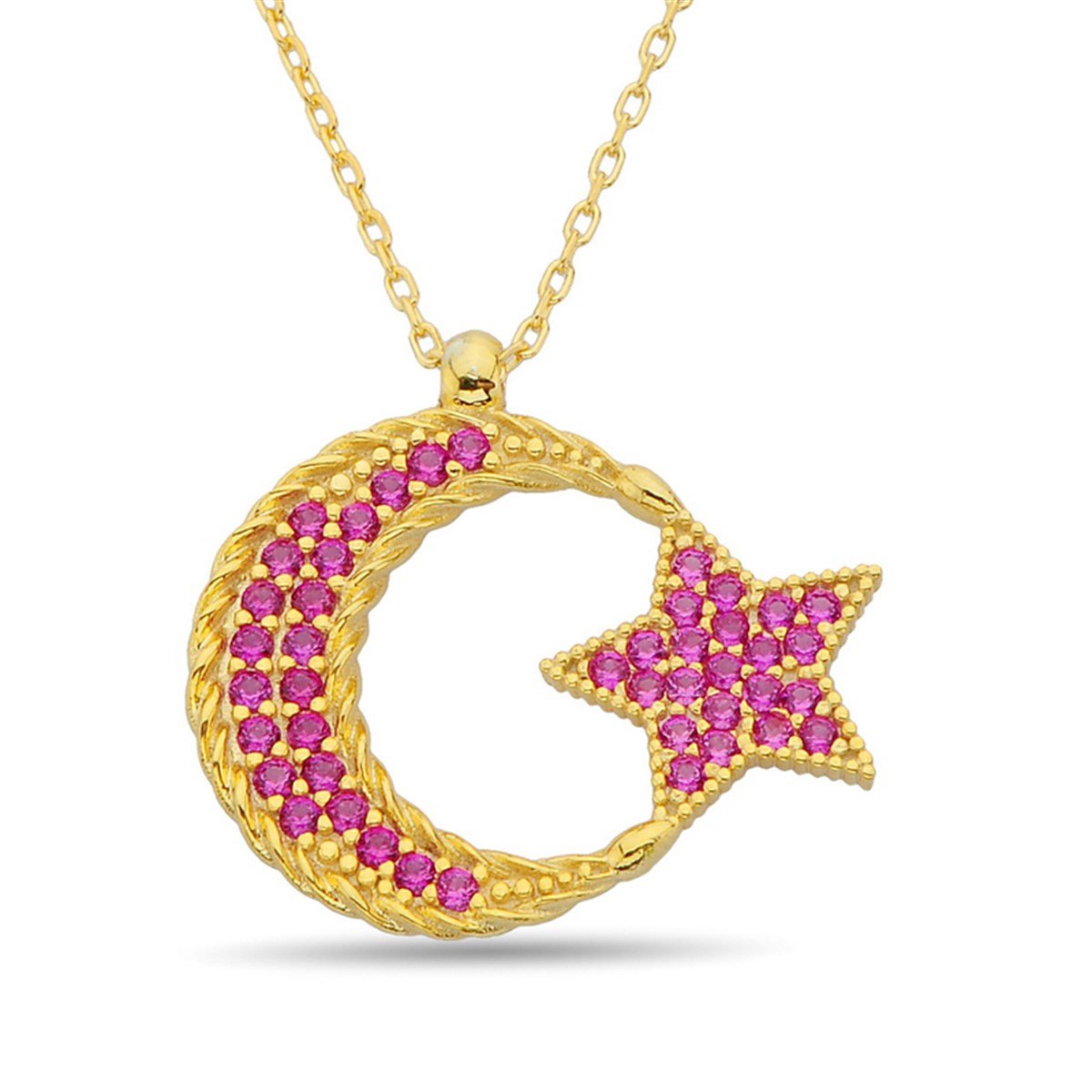 Ruby Kırmızı Zirkon Taşlı Burgu İşlemeli Altın Kaplama Gümüş Bayan Kolye Zincirli