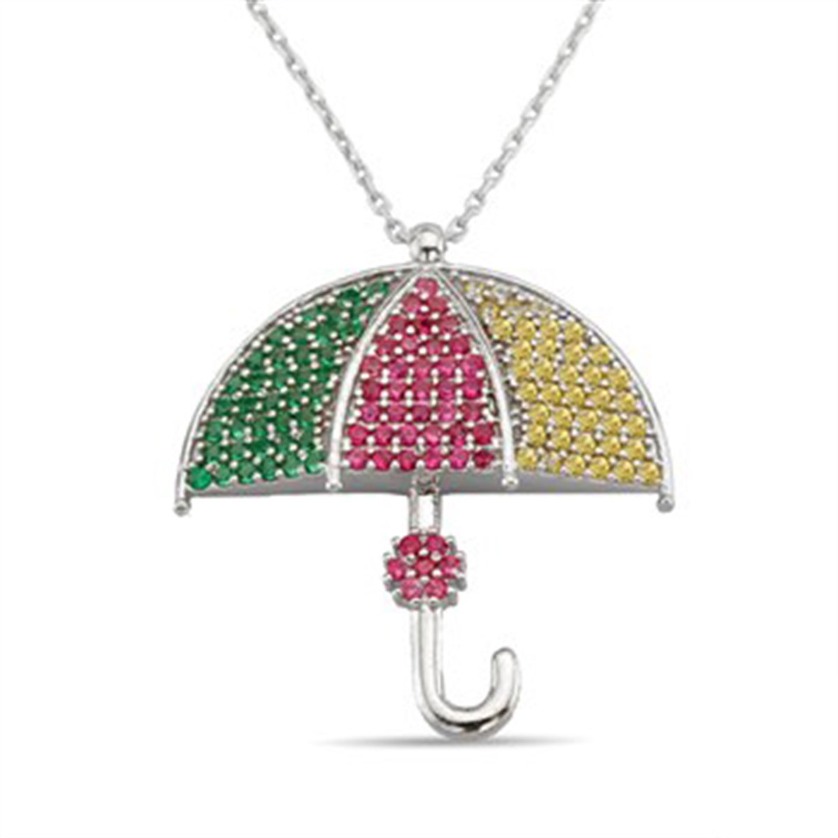 Şemsiye Renkli Taşlı 925 Ayar Gümüş Bayan Kolyesi