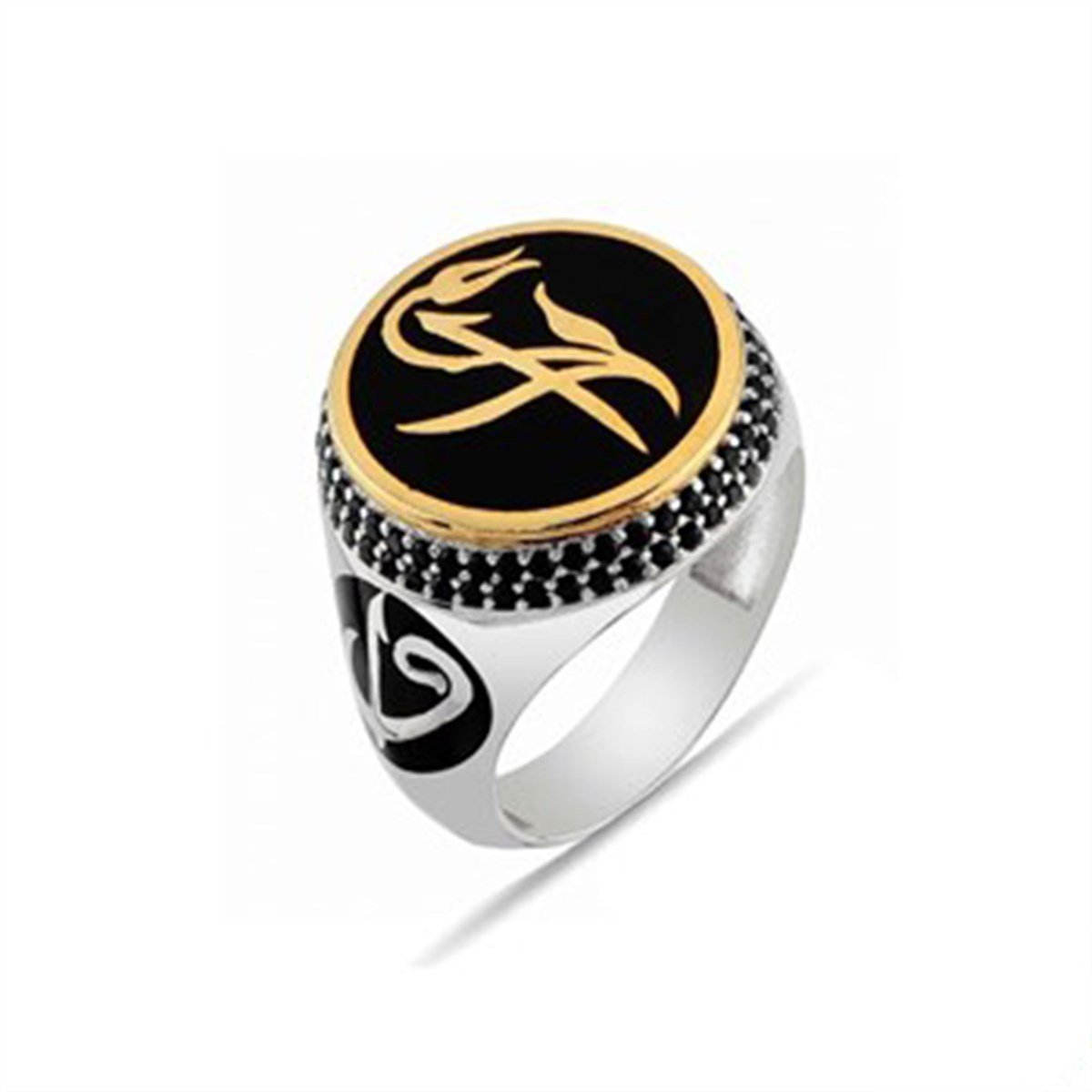 Siyah zirkon taşlı 925 Ayar Gümüş Elif Harf Motifli Bayan Yüzüğü