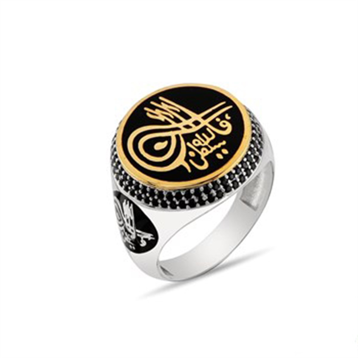 Siyah zirkon taşlı 925 Ayar Gümüş Osmanlı Tuğralı Erkek Yüzüğü