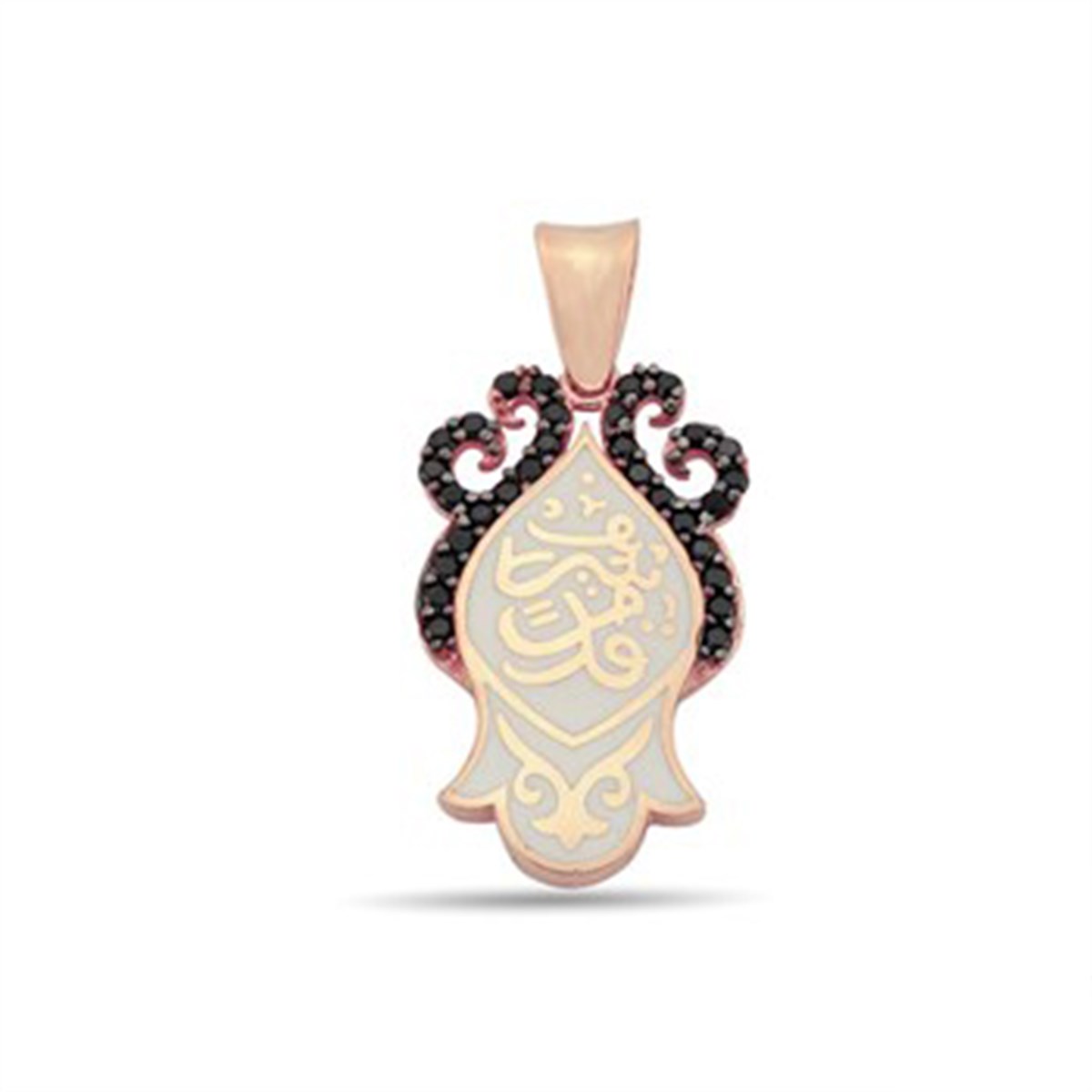 Taç içinde Nali Şerif Kademi Şerif Beyaz Mineli Oniks Taşlı Roz Kaplamalı Kolye Ucu