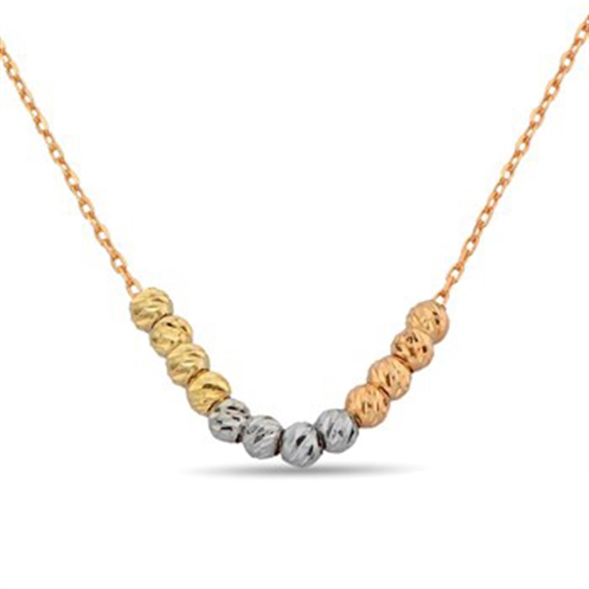 Üç Renk Roz Beyaz Altın Kaplamalı Kalemli Top 925 Ayar Gümüş Bayan Kolyesi