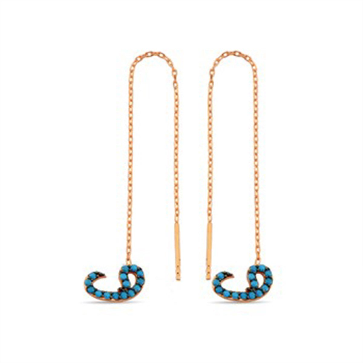 Vav Firuze Turkuaz Taşlı Roz Kaplamalı Gümüş Zincirli Küpe