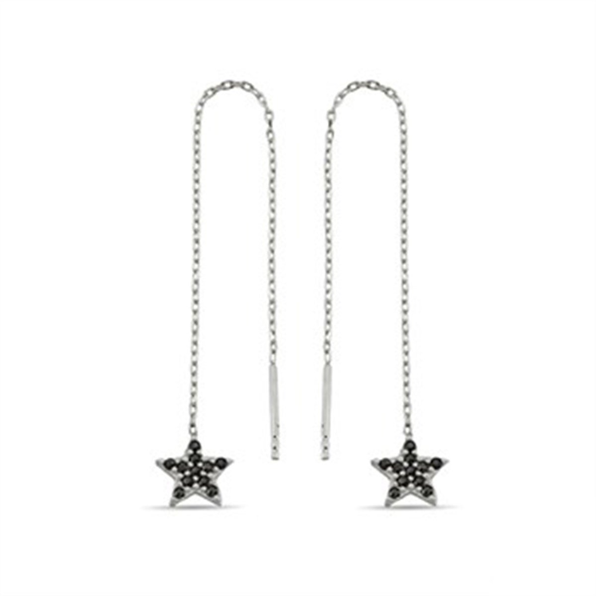 Yıldız Onxy Zirkon Taşlı Gümüş Zincirli Küpe