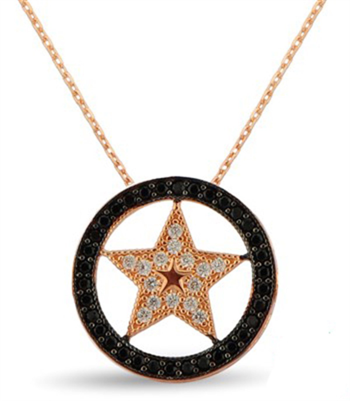 Yıldız Zirkon Taşlı Roz Kaplamalı 925 Ayar Gümüş Bayan Kolye