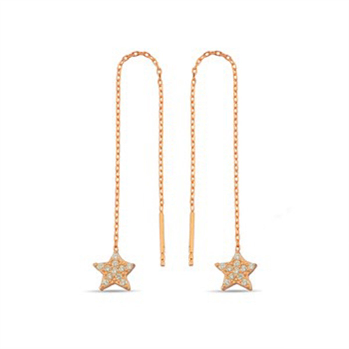 Yıldız Zirkon Taşlı Roz Kaplamalı Zincirli Gümüş Küpe