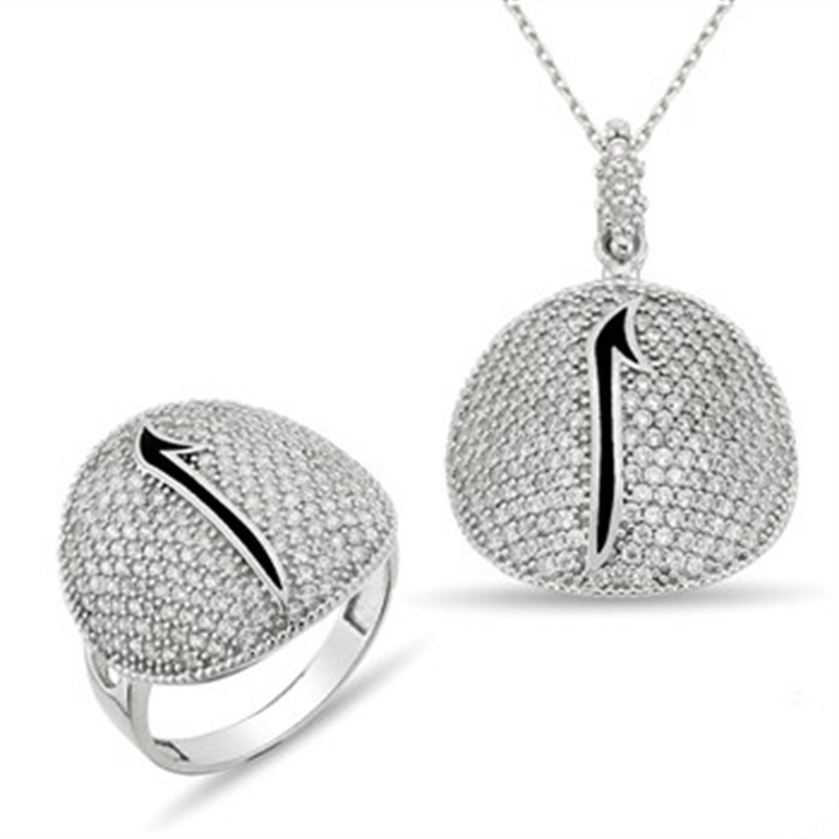 Zirkon taşlı 925 Ayar Gümüş Elif Bayan Kolye ve Yüzüğü