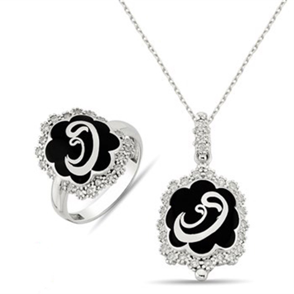 Zirkon taşlı 925 Ayar Gümüş Vav Bayan Yüzüğü Kolye Ucu ve Zinciri Kombin