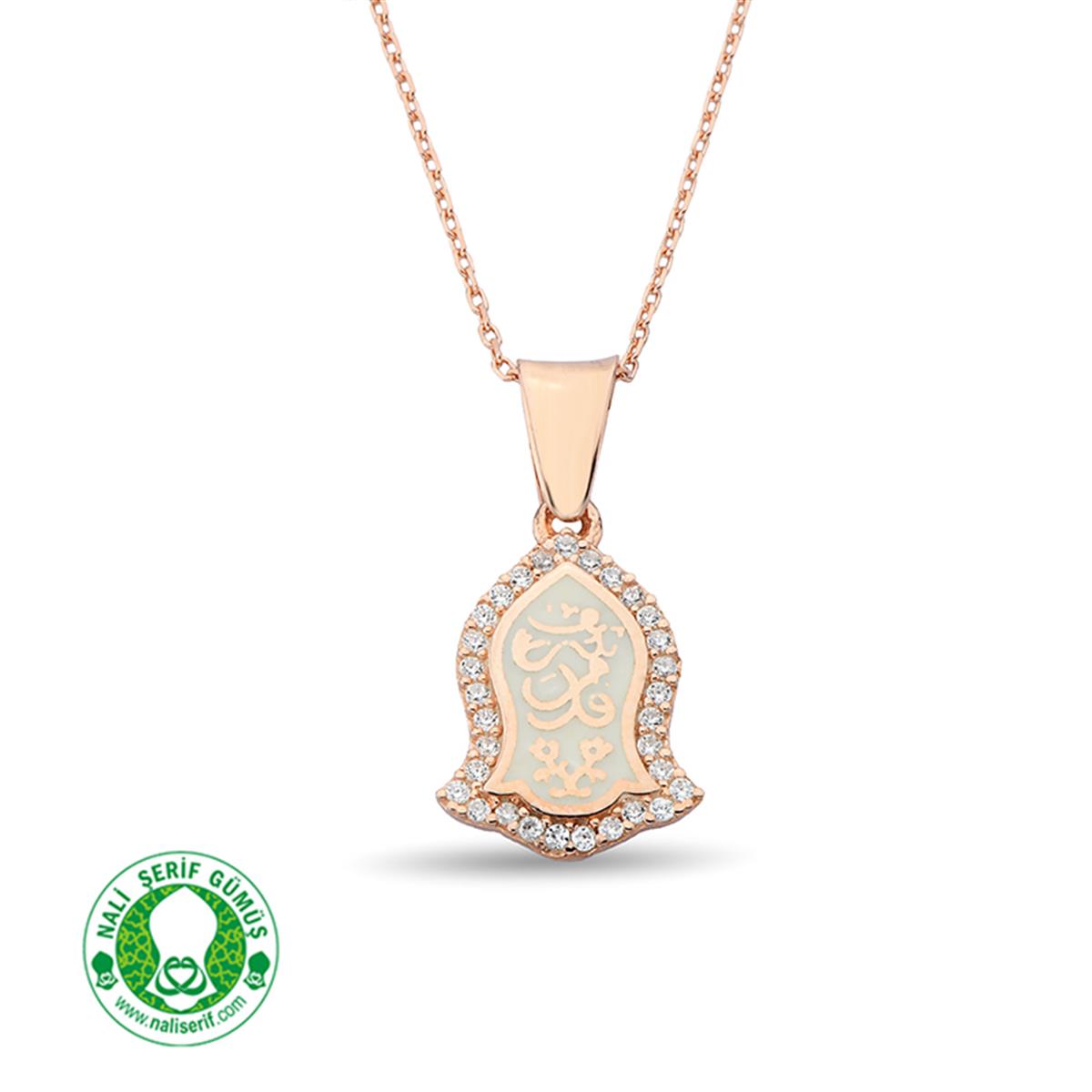 Zirkon Taşlı Beyaz Mineli Roz Kaplamalı Gümüş Nali Şerif Bayan Kolye