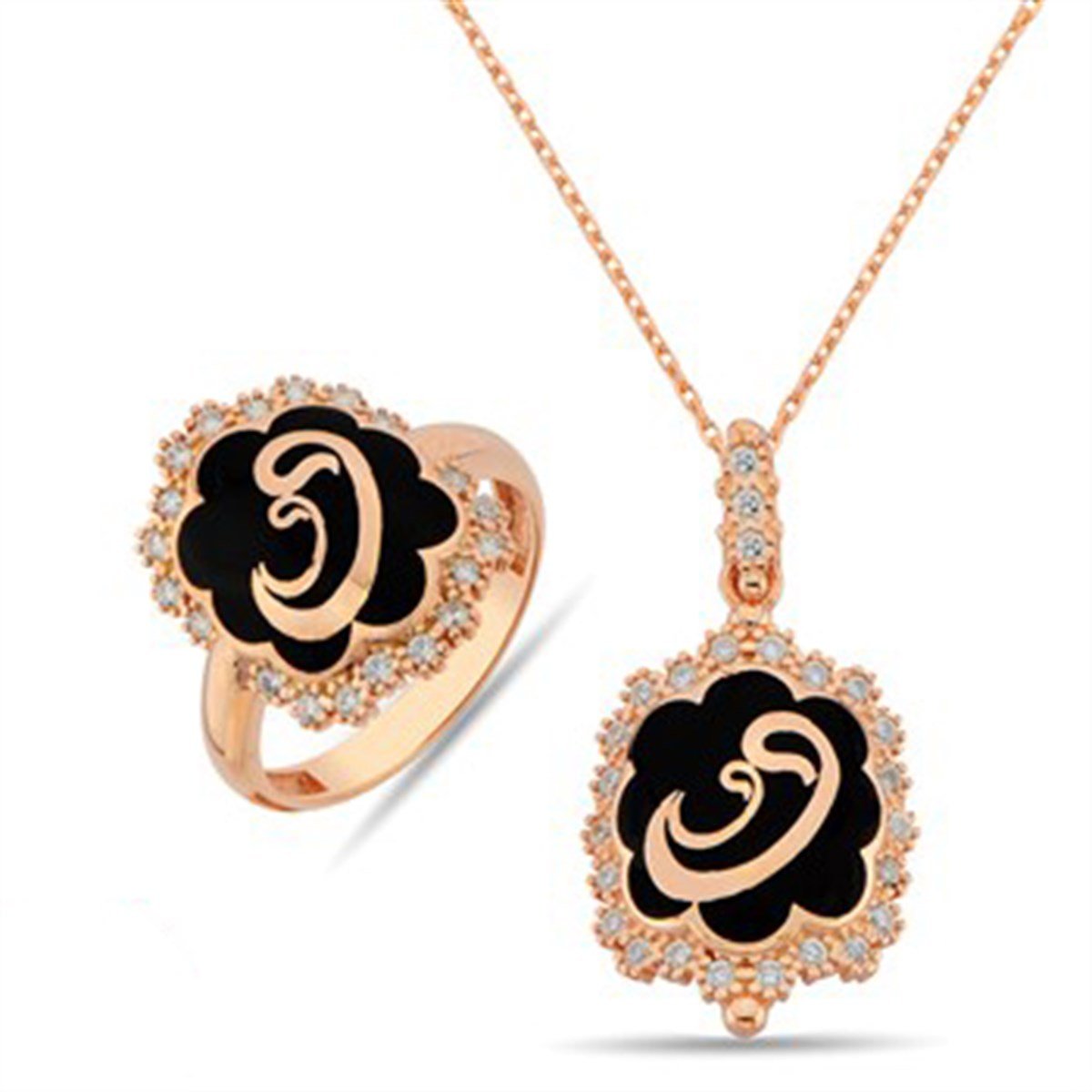 Zirkon taşlı Roz Kaplamalı 925 Ayar Gümüş Vav Bayan Yüzük Kolye ucu ve Zinciri Kombin