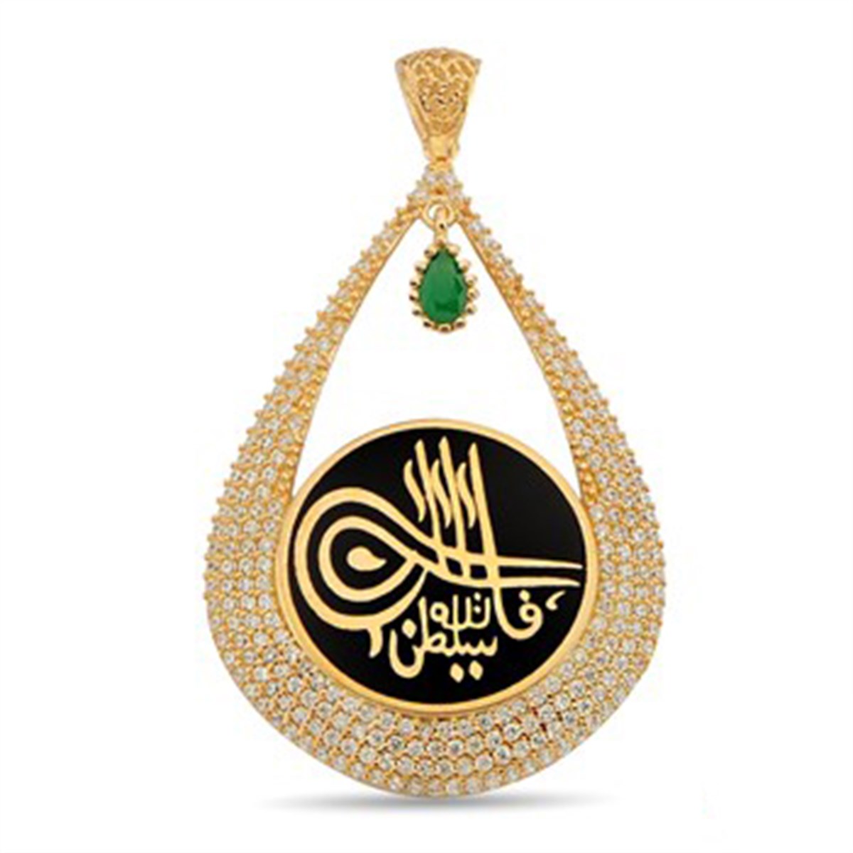 Zirkon taşlı Tuğralı 925 Ayar Gümüş Altın Kaplamalı Damla Kolye Ucu