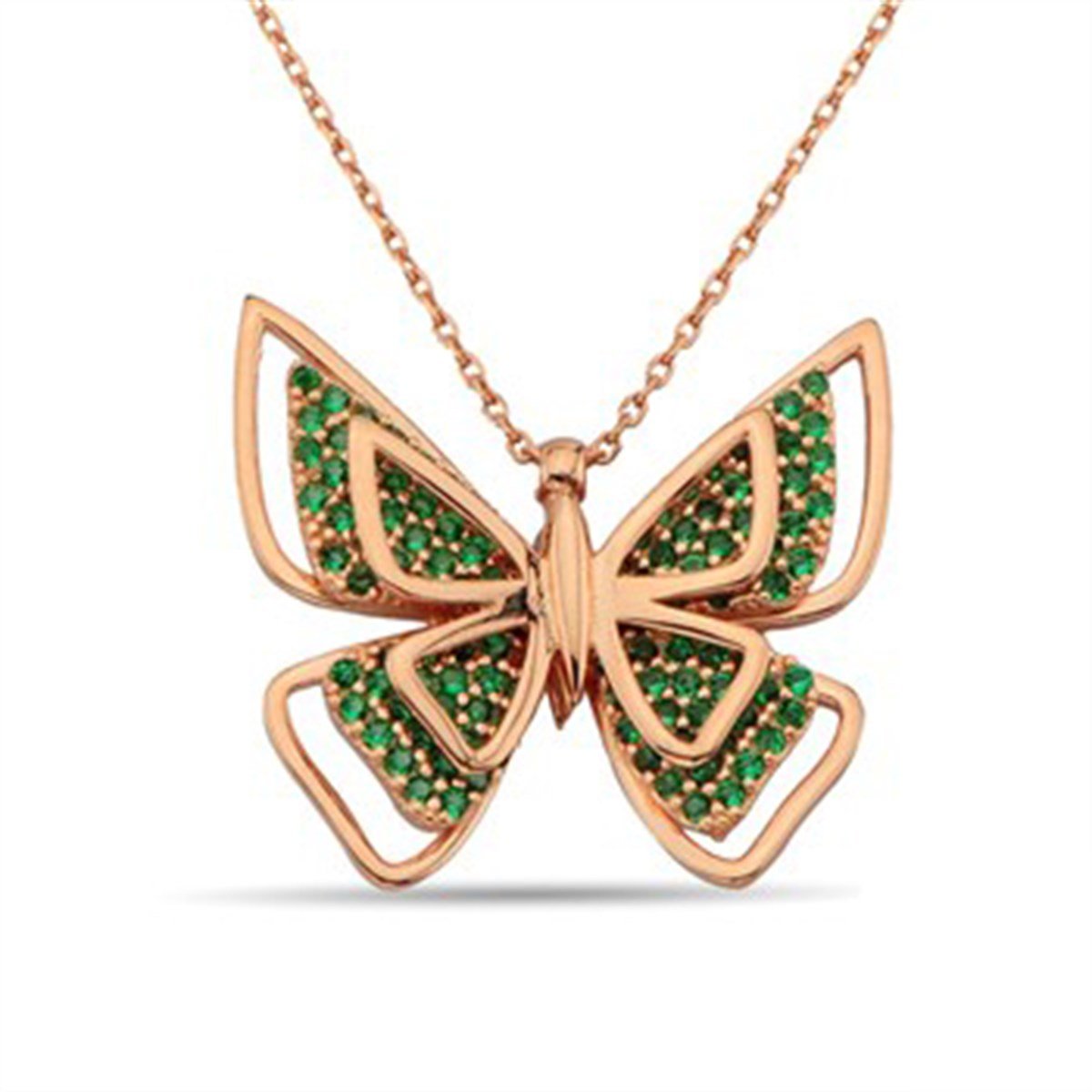Zümrüt Yeşil Taşlı Kelebek Roz Kapalama Gümüş Bayan Kolyesi