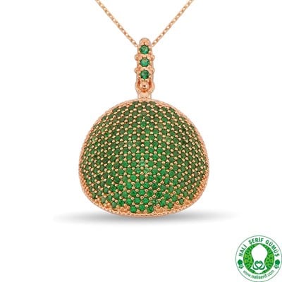 Zümrüt Yeşil Taşlı Roz Kaplamalı 925 Ayar Gümüş Bayan Kolye