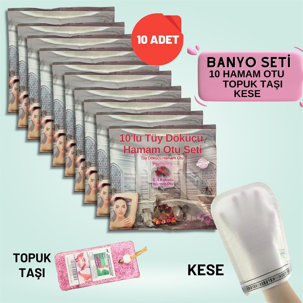 10 Paket Hamam Otu Toz Tüy Dökücü + Hamam Kesesi + Topuk Taşı Banyo Seti