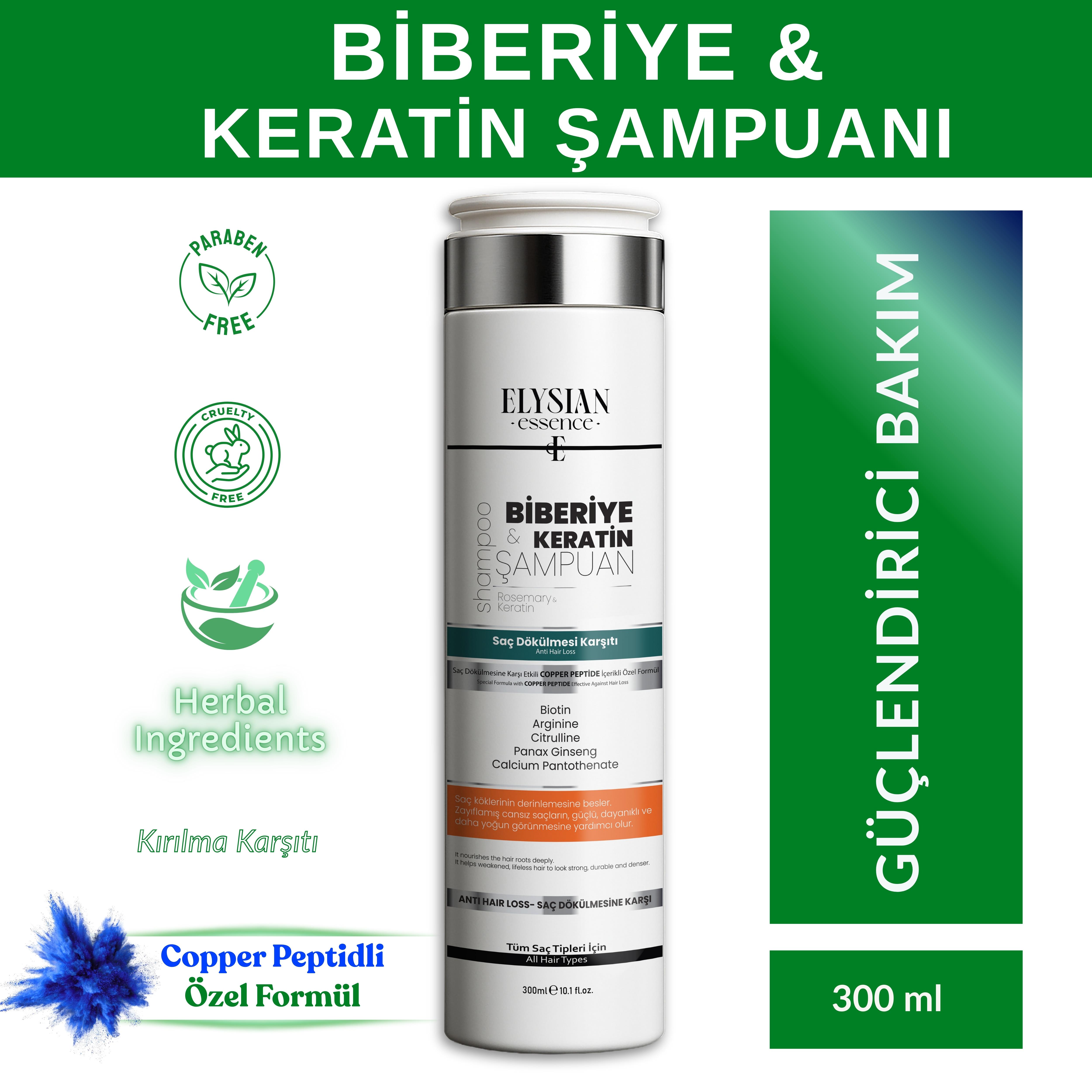 Elysian Essence Biberiye & Keratin Şampuanı | Copper Peptidli Saç Bakımı | Saç Dökülmesi Karşıtı 300 ml
