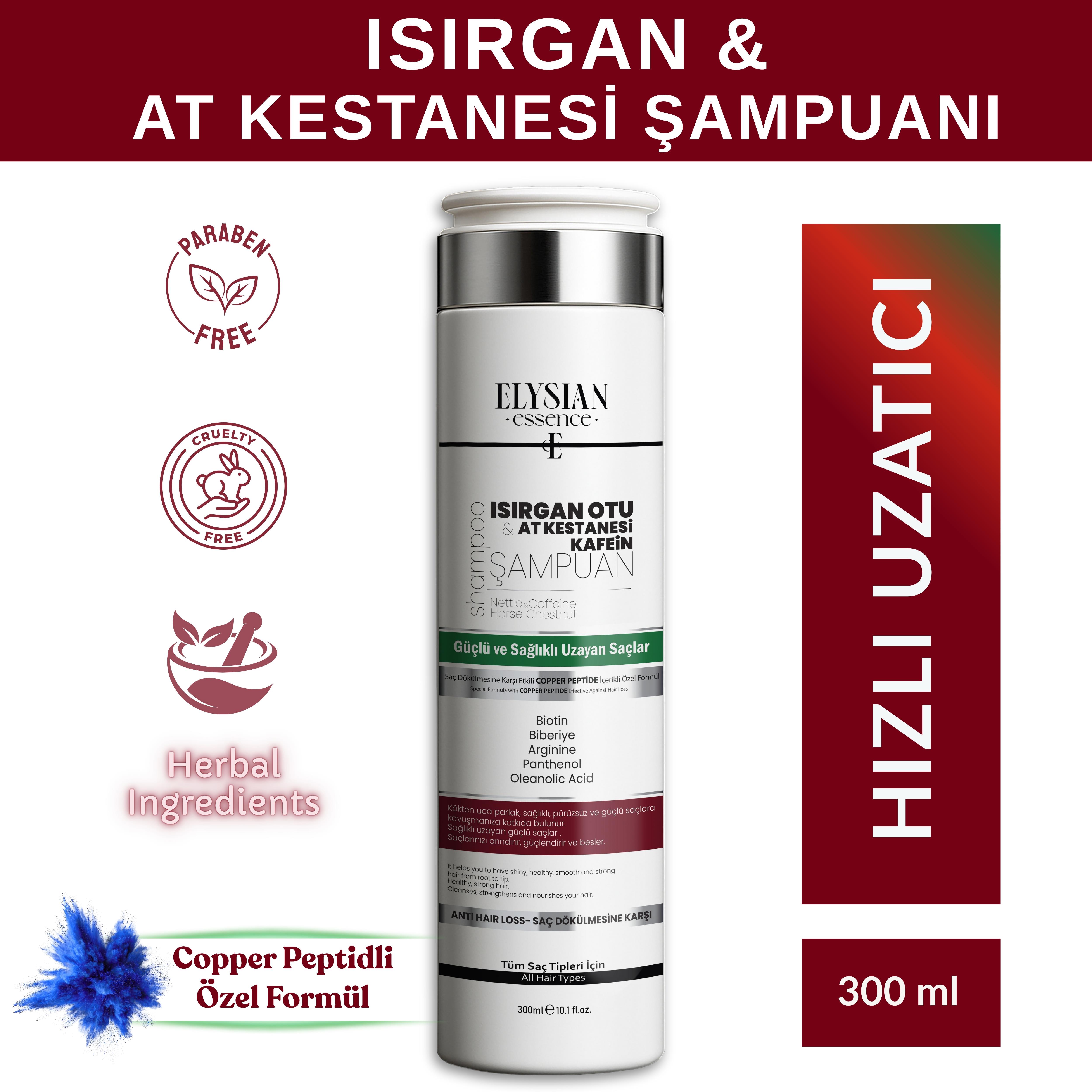 Elysian Essence Isırgan Otu & At Kestanesi & Kafein Şampuanı | Copper Peptidli Hızlı Saç Uzatma Uzatan Etkili 300 ml