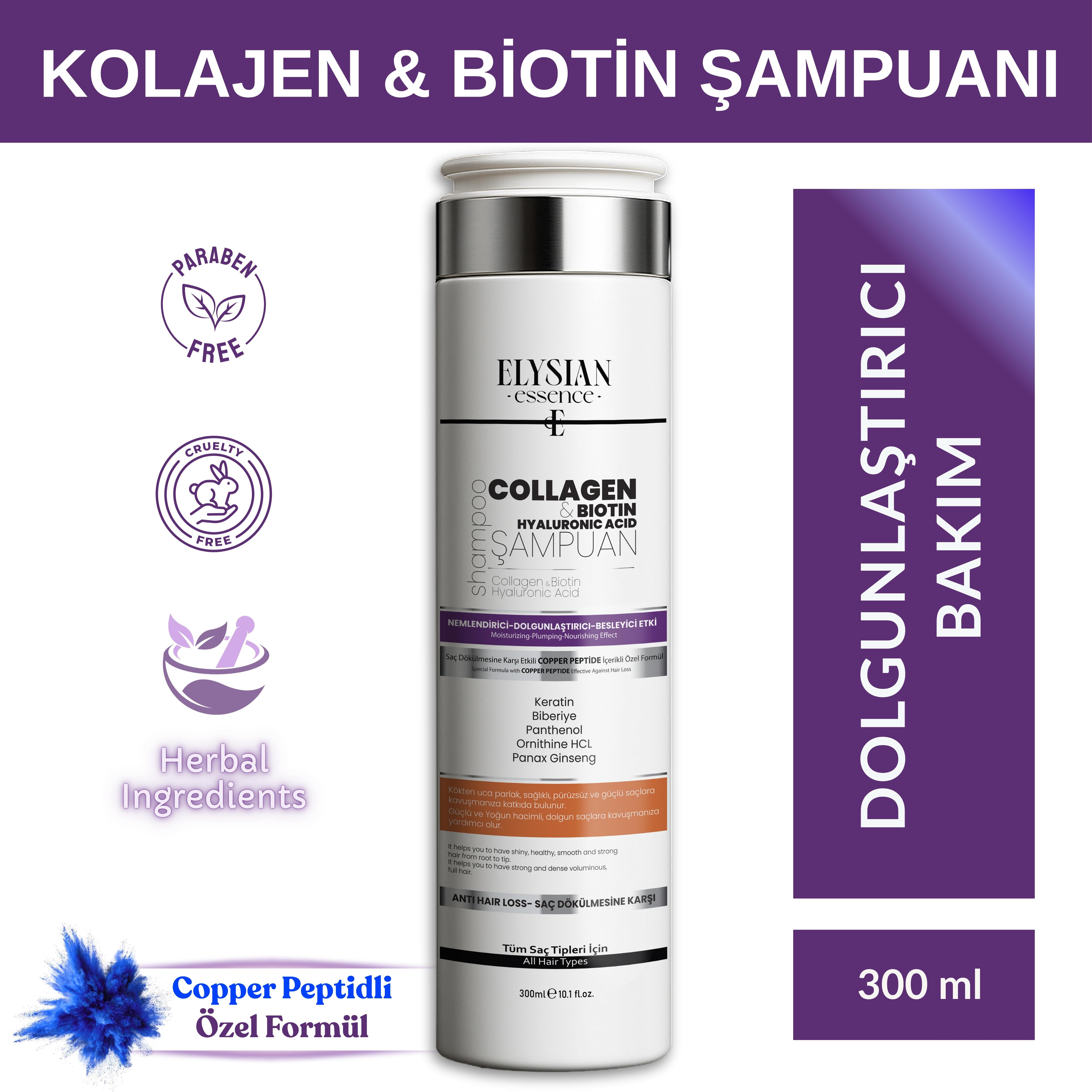Elysian Essence Kolajen (Collagen) & Biotin & Hyaluronic Acid Şampuanı | Copper Peptidli Nemlendirici, Dolgunlaştırıcı, Besleyici Bakım 300 ml