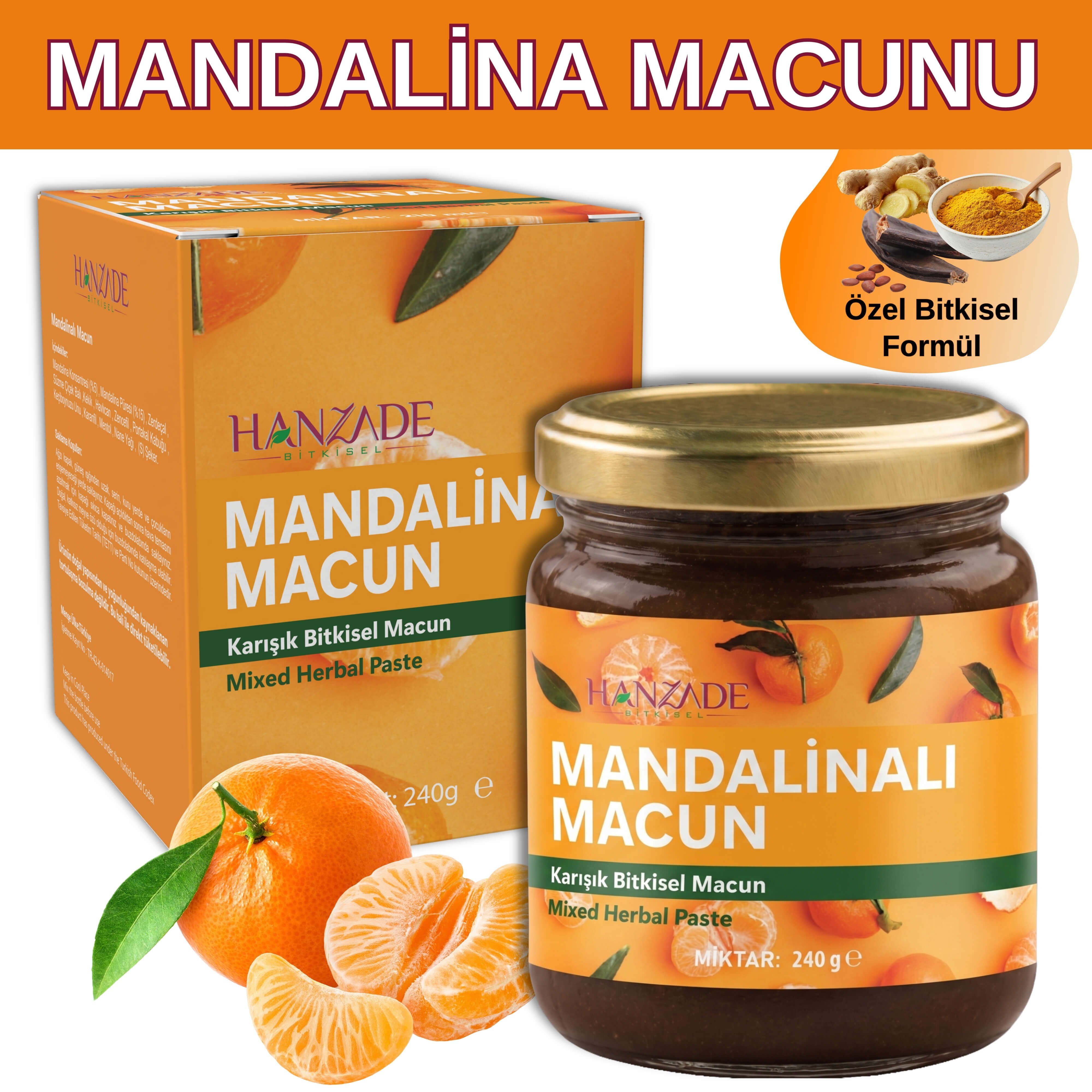 Hanzade Bitkisel Mandalina Macunu | Zencefil, Zerdeçal, Havlıcan, Tarçın, Bal & Propolis İçeren Karışık Bitkisel Macun 210 ml
