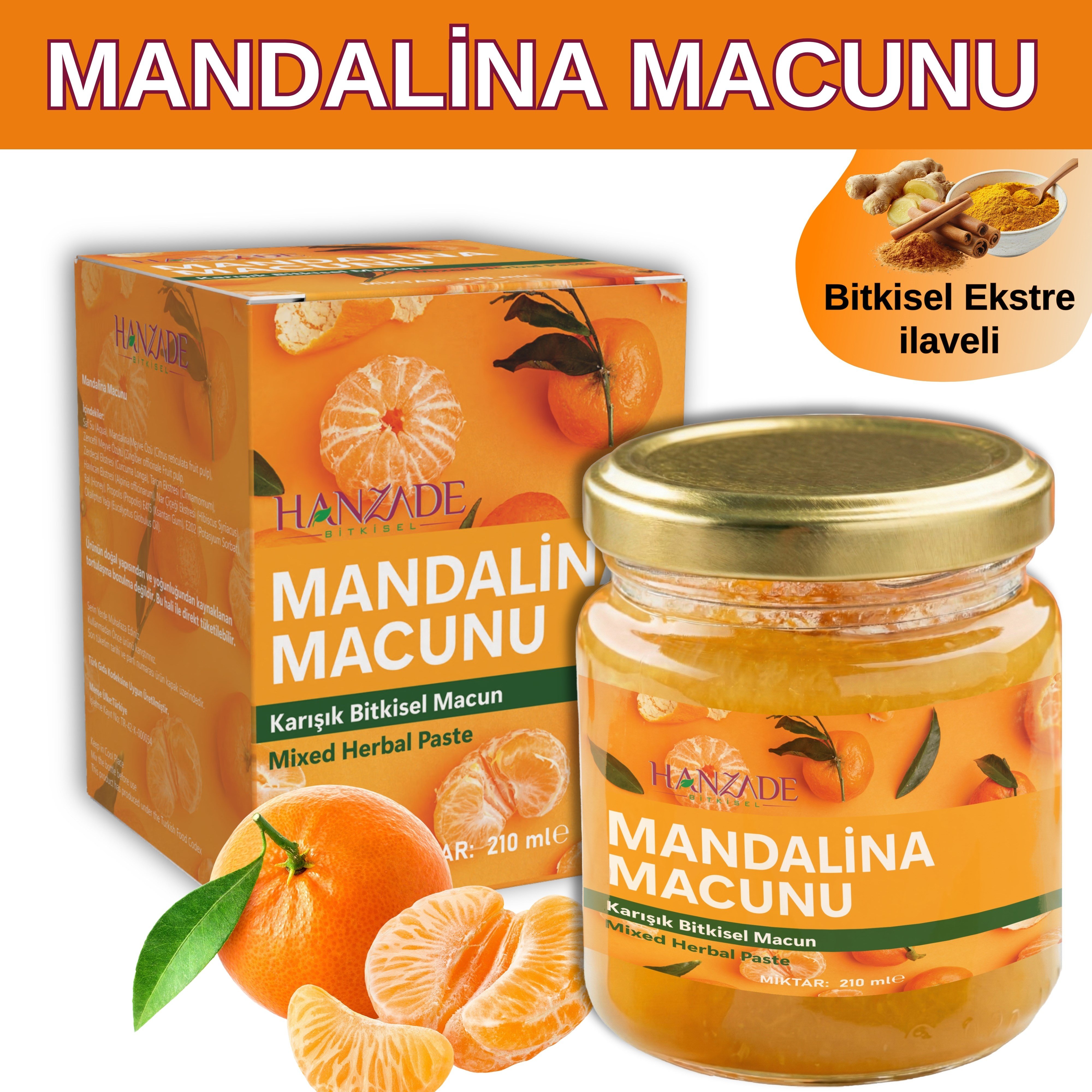 Hanzade Bitkisel Mandalina Macunu | Zencefil, Zerdeçal, Havlıcan, Tarçın, Bal & Propolis İçeren Karışık Bitkisel Macun 210 ml