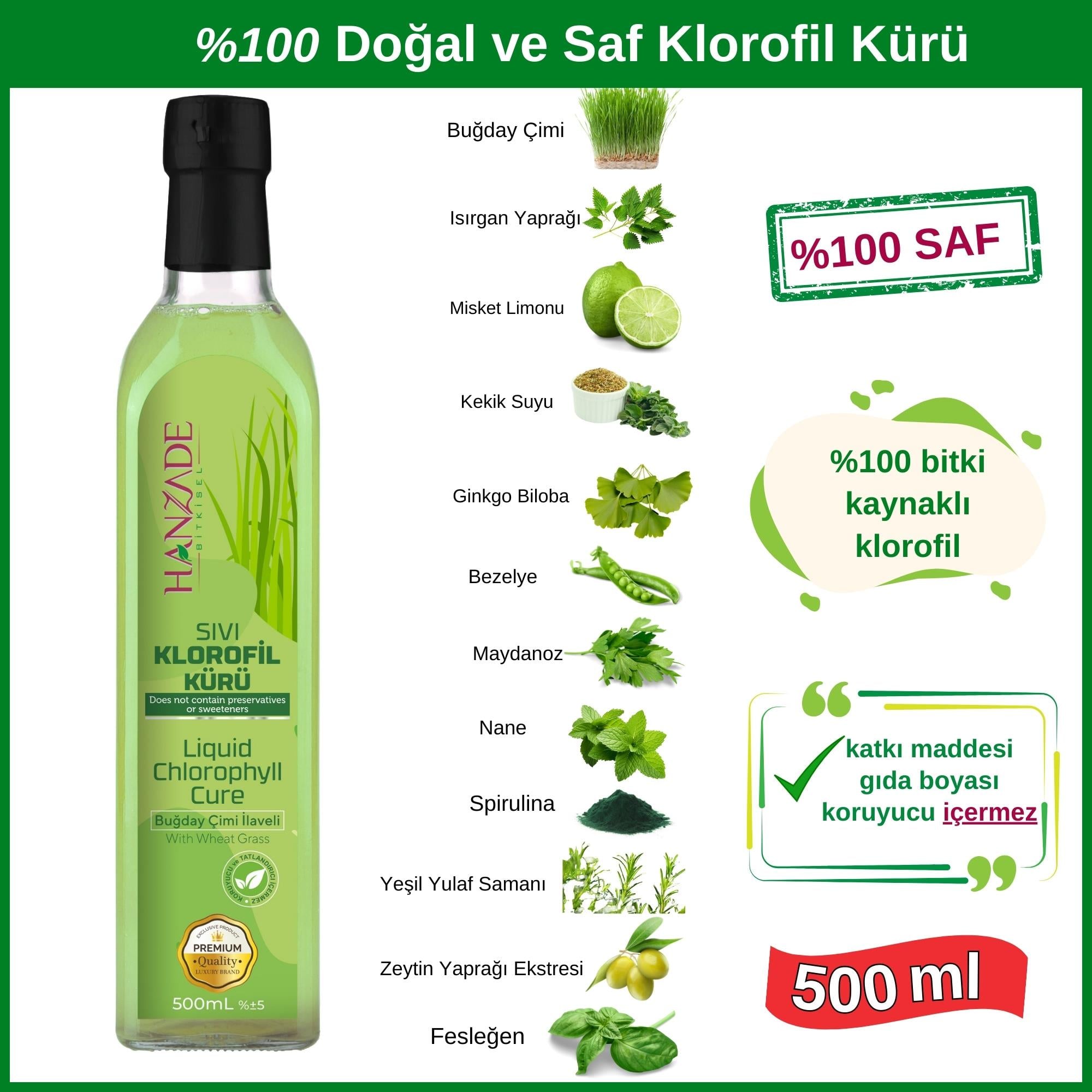 Hanzade Bitkisel Sıvı Klorofil Kürü Buğday Çimi İlaveli Bitki Ekstraktları 500 ML Cam Şişe